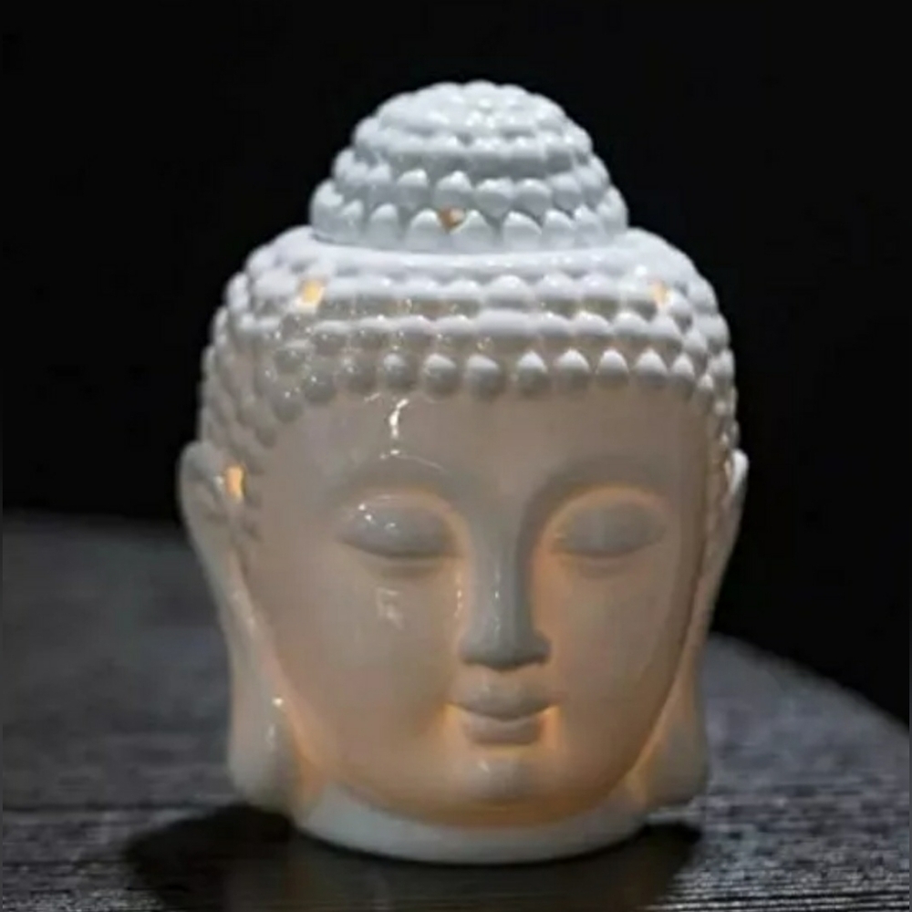 Ceramic Buddha Head Essential Oil Burner with Candle spoon,  brand new in box.